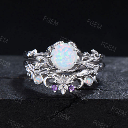 Round White Opal Engagement Ring Rose Gold Leaf Branch Bridal Set Nature Inspired Floral Wedding Ring October Birthstone Promise Women Gifts