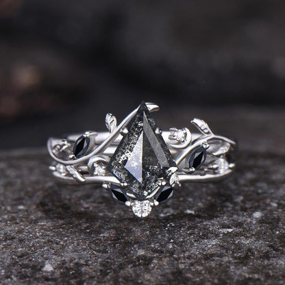 Nature Inspired Natural Salt And Pepper Diamond Kite Cut Bridal Wedding Ring Set 14k Black Gold Gothic Branch Moon Unique Engagement Jewelry