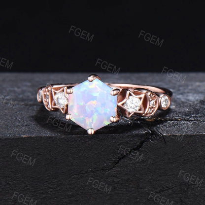 1ct Hexagon Cut White Opal Engagement Ring Moon Star Design Fire Opal Wedding Ring Dainty October Birthstone Jewelry Unique Birthday Gifts