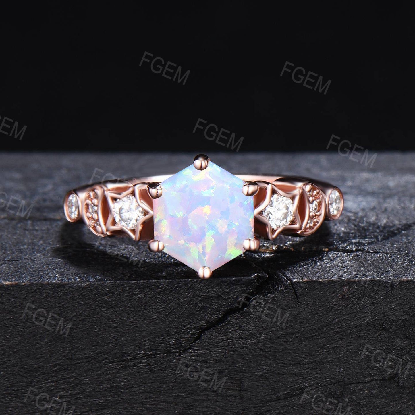 1ct Hexagon Cut White Opal Engagement Ring Moon Star Design Fire Opal Wedding Ring Dainty October Birthstone Jewelry Unique Birthday Gifts