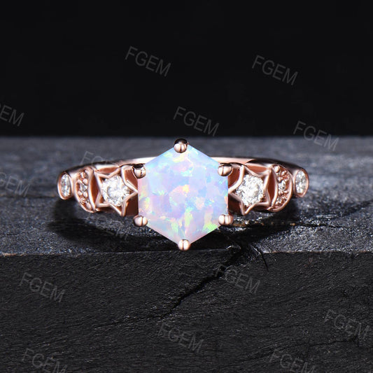 1ct Hexagon Cut White Opal Engagement Ring Moon Star Design Fire Opal Wedding Ring Dainty October Birthstone Jewelry Unique Birthday Gifts