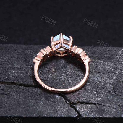 1ct Hexagon Cut White Opal Engagement Ring Moon Star Design Fire Opal Wedding Ring Dainty October Birthstone Jewelry Unique Birthday Gifts