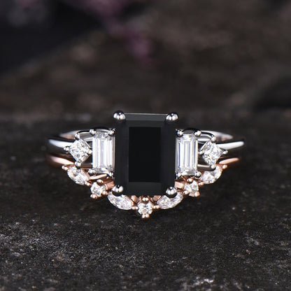 Unique Emerald Shape Black Onyx Engagement Ring Vintage Princess Baguette Moissanite Five Stone Ring Art Deco Contour Nesting Band For Women