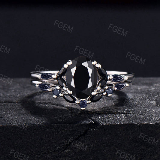 1.5ct Oval Black Onyx Ring Set Natural Healing Crystal Split Bridal Set Vintage Blue Sandstone Black Spinel Cluster Wedding Ring Women Gifts