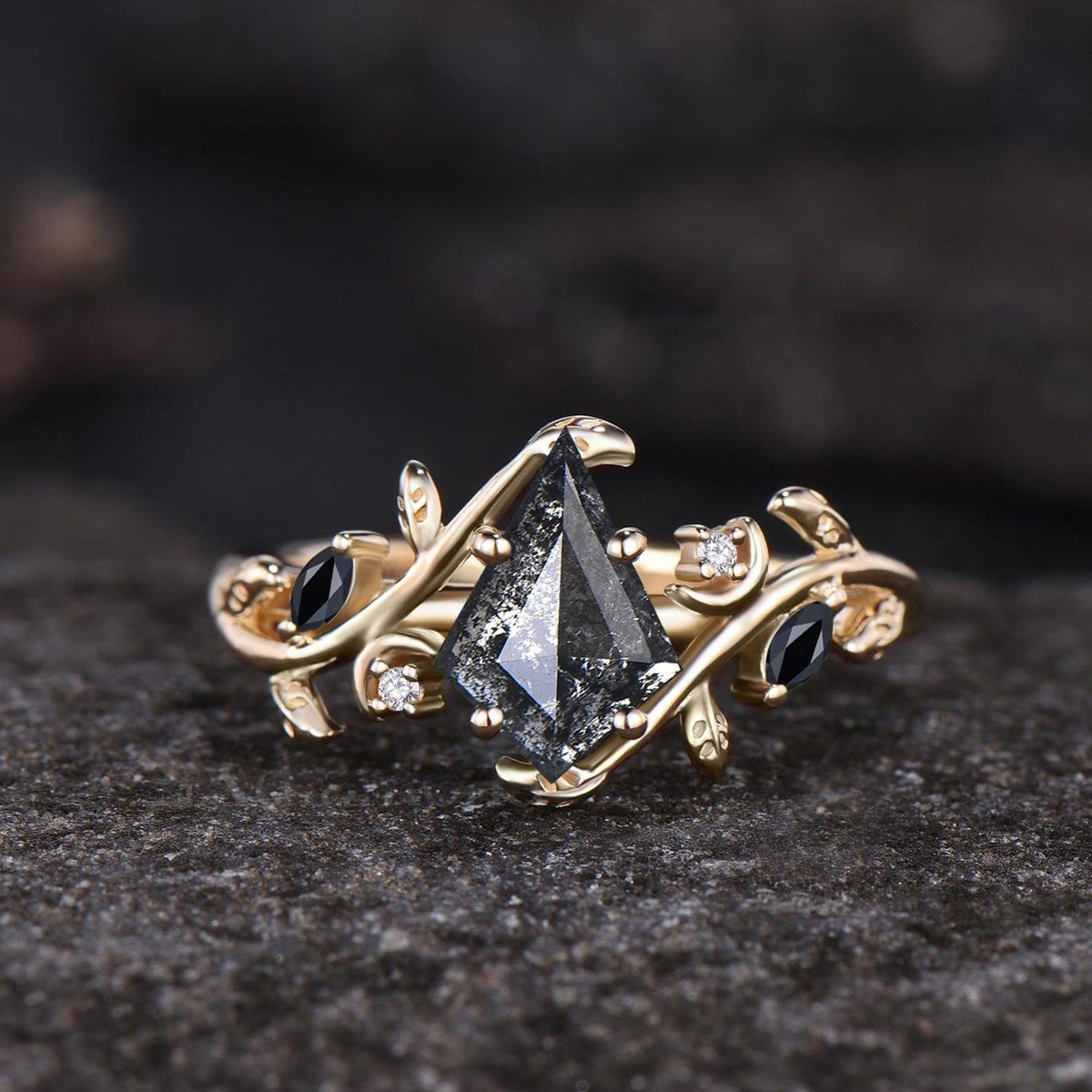 Nature Inspired Natural Salt And Pepper Diamond Kite Cut Bridal Wedding Ring Set 14k Black Gold Gothic Branch Moon Unique Engagement Jewelry