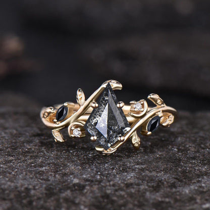 Nature Inspired Natural Salt And Pepper Diamond Kite Cut Bridal Wedding Ring Set 14k Black Gold Gothic Branch Moon Unique Engagement Jewelry