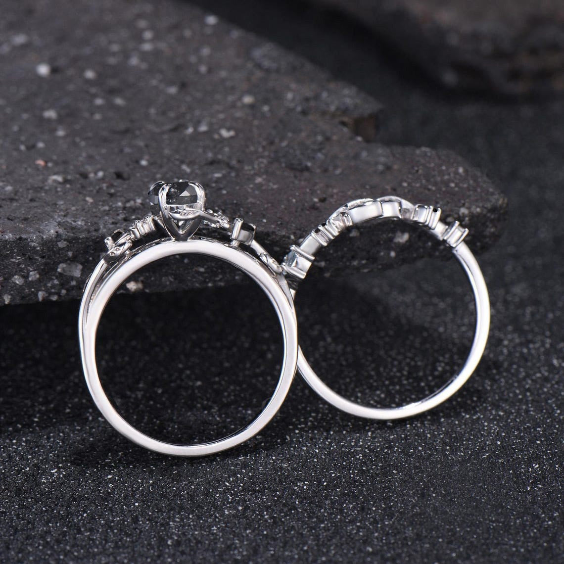 Marquise Cut Natural Salt And Pepper Diamond Engagement Ring Set Moon Vine 14k White Gold Black Spinel Bridal Wedding Ring Set
