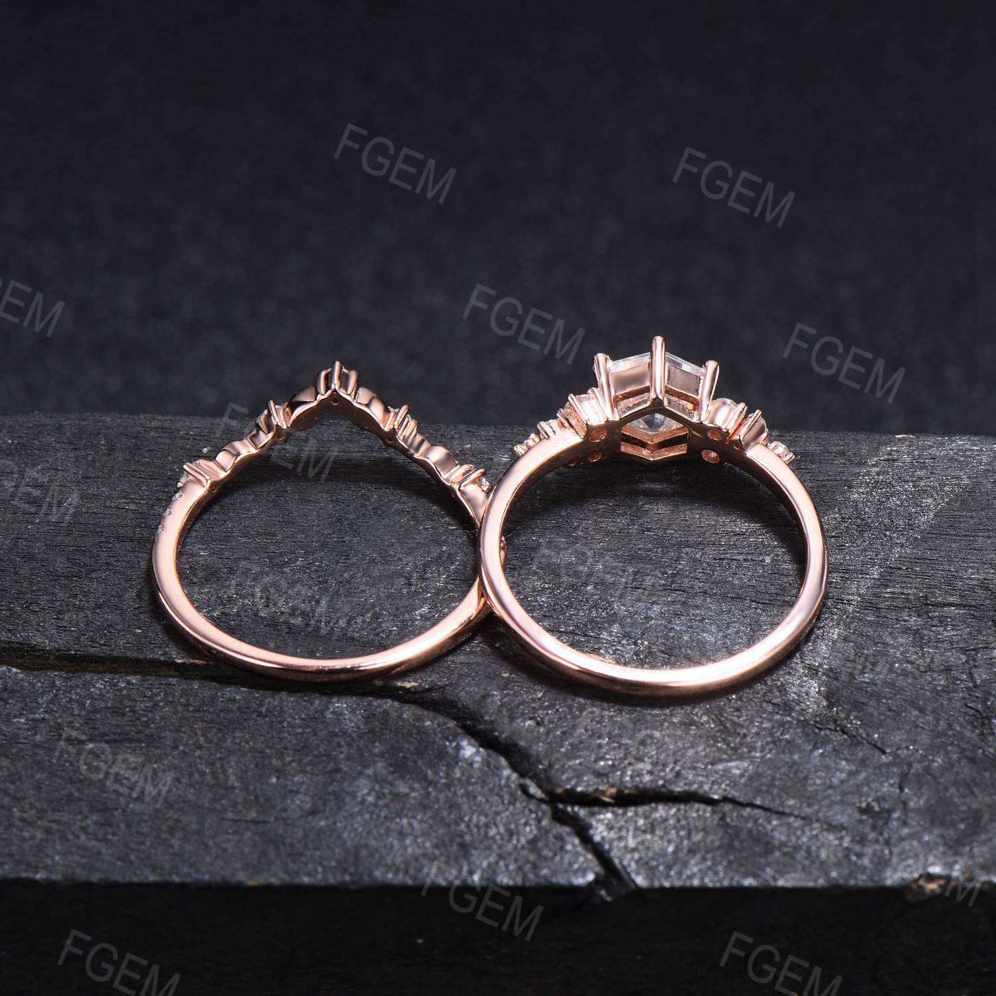 Hexagon Natural Rose Quartz Engagement Ring Set Vintage Moissanite Snowdrift Cluster Bridal Set Pink Gemstone Ring Leaves Ring Proposal Gift