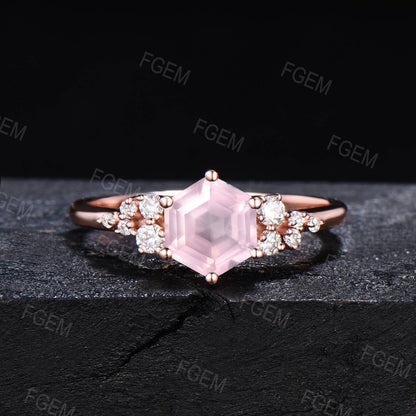Hexagon Natural Rose Quartz Engagement Ring Set Vintage Moissanite Snowdrift Cluster Bridal Set Pink Gemstone Ring Leaves Ring Proposal Gift