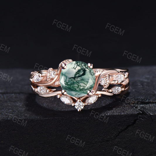 1ct Round Natural Green Moss Agate Engagement Rings Set 14K Rose Gold Branch Cluster Moissanite Diamond Rings Unique Twisted Leaf Vine Wedding Ring