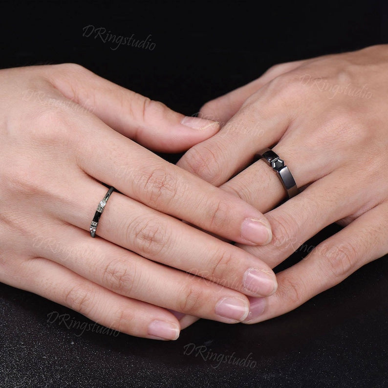 Goth Black Onyx Couple Rings Set Witchy Silver Black Plated Matching Couples Ring Black Gemstone Ring