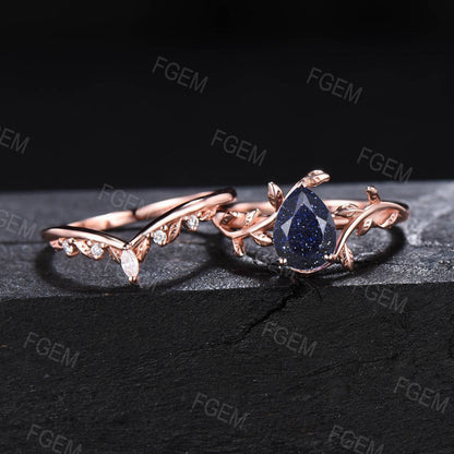 1.25ct Pear Galaxy Blue Sandstone Ring Set Nature Inspired Engagement Ring Leaf Vine Branch Solitaire Ring Women Wedding Anniversary Gifts