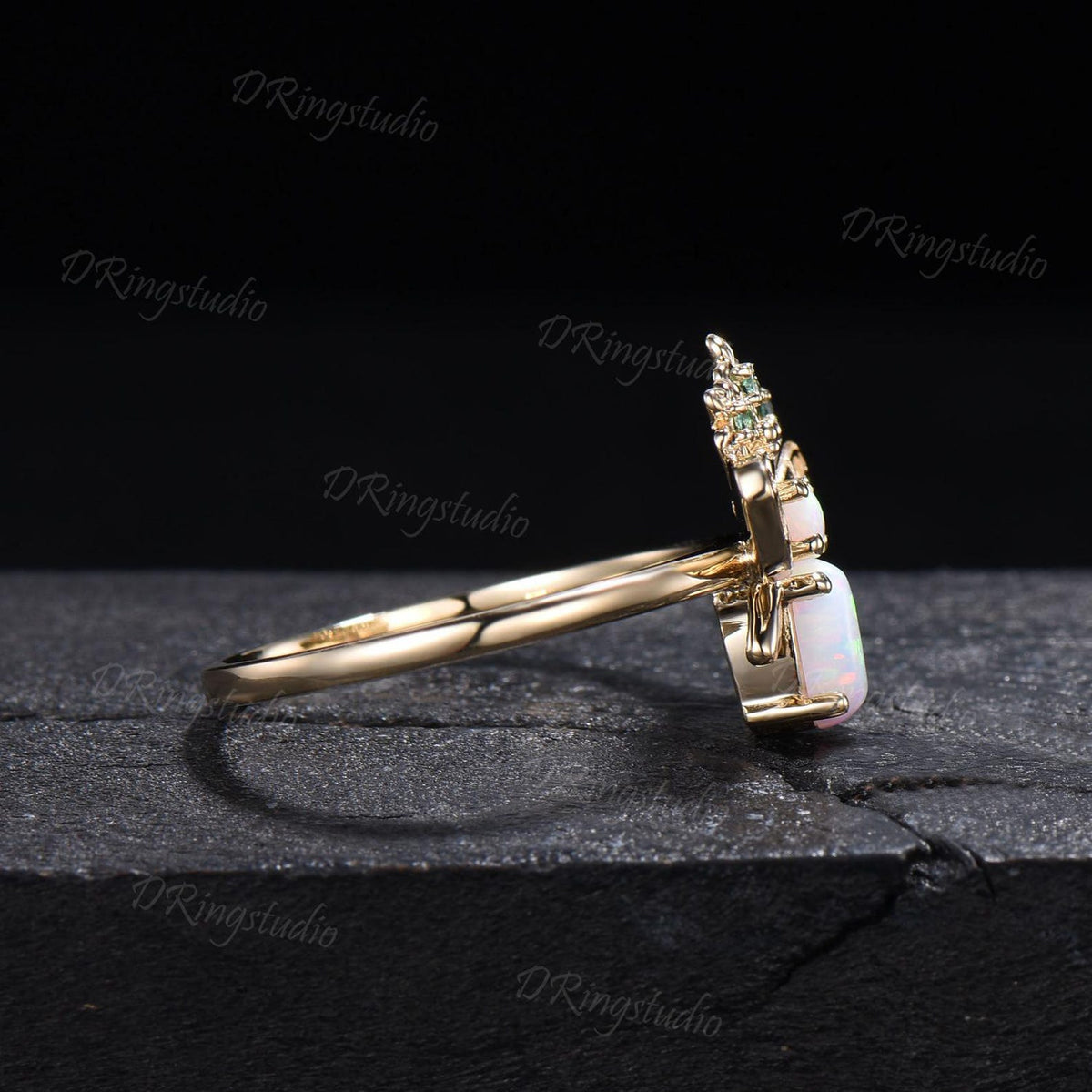 Oval White Opal Ring Handcrafted Honey Bee Opal Wedding Ring Green Emerald Floral Jewelry Women Personalized Anniversary Promise Ring Gifts