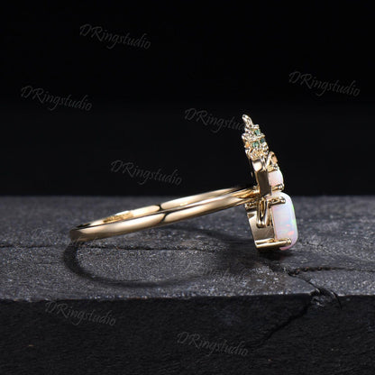 Oval White Opal Ring Handcrafted Honey Bee Opal Wedding Ring Green Emerald Floral Jewelry Women Personalized Anniversary Promise Ring Gifts