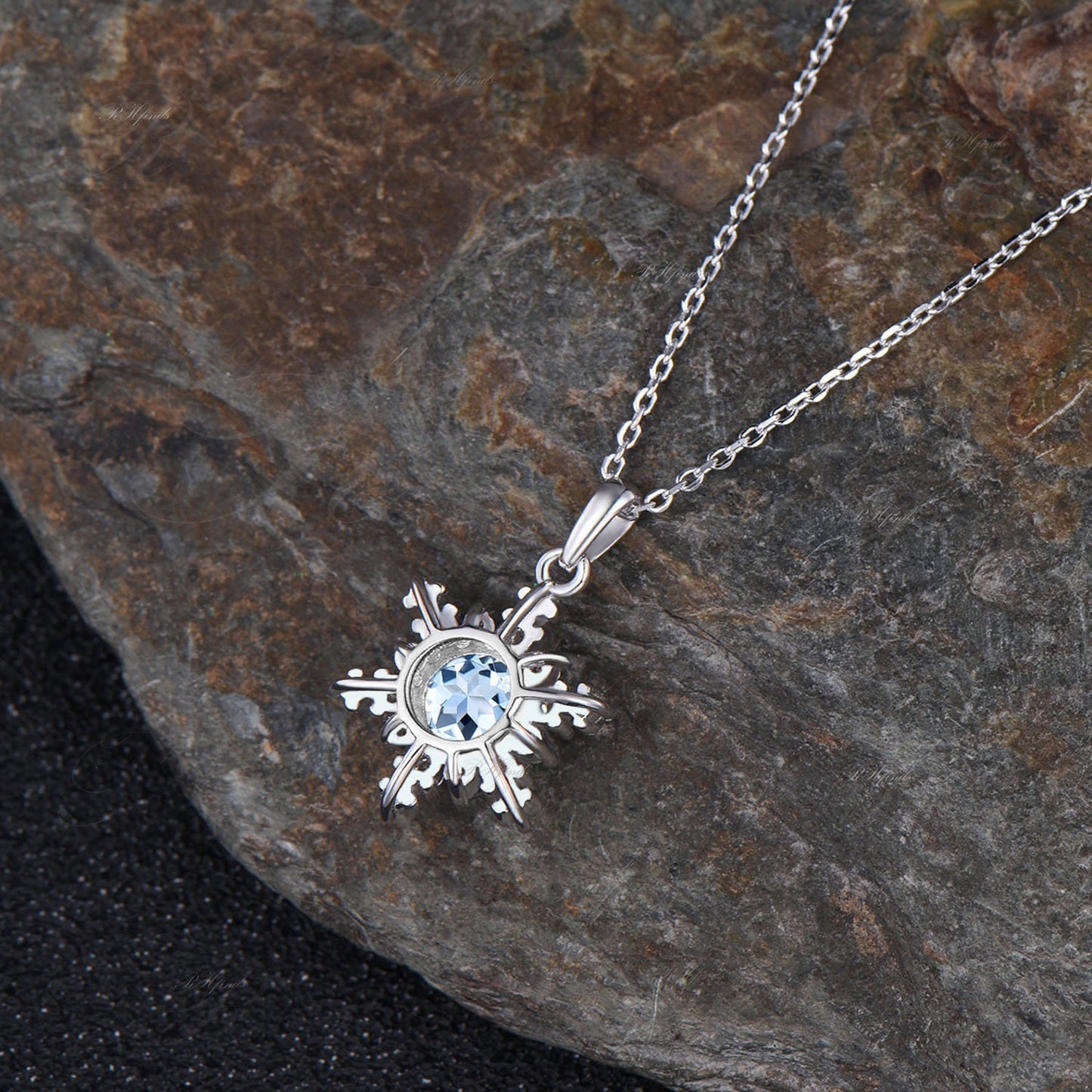 Minimalist Round Cut March Birthstone Natural Aquamarine Necklace Unique 14k White Gold Snowflake Pendant Art Deco Moissanite Halo Necklace