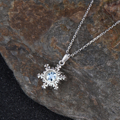Minimalist Round Cut March Birthstone Natural Aquamarine Necklace Unique 14k White Gold Snowflake Pendant Art Deco Moissanite Halo Necklace