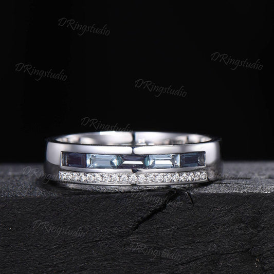 Baguette Alexandrite Mens Wedding Band 6mm White Gold Two Row Moissanite Mens Gemstone Ring Anniversary Gift for Him Husband Promise Band