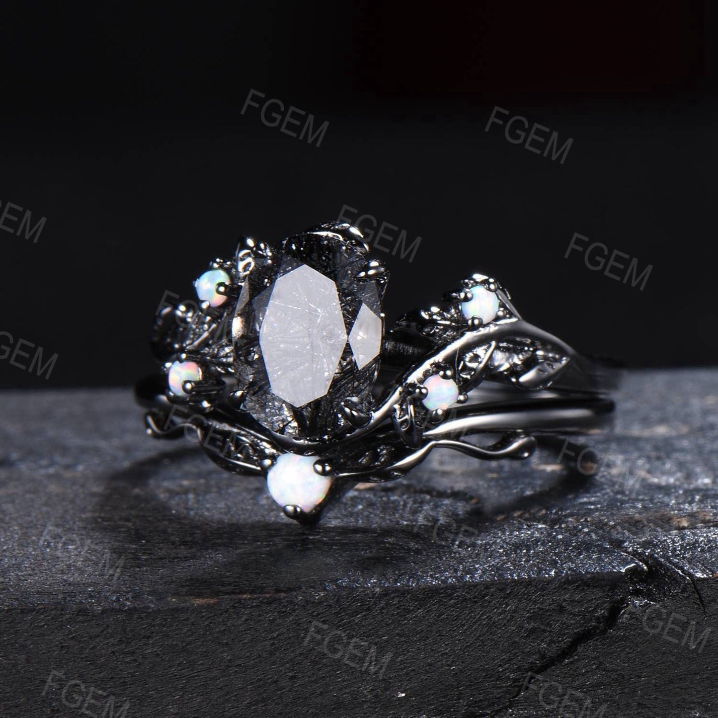 Vintage Black Rutilated Quartz Engagement Ring Oval Natural Black Gemstone Ring Black Gold White Opal Wedding Ring Anniversary Gift for Him