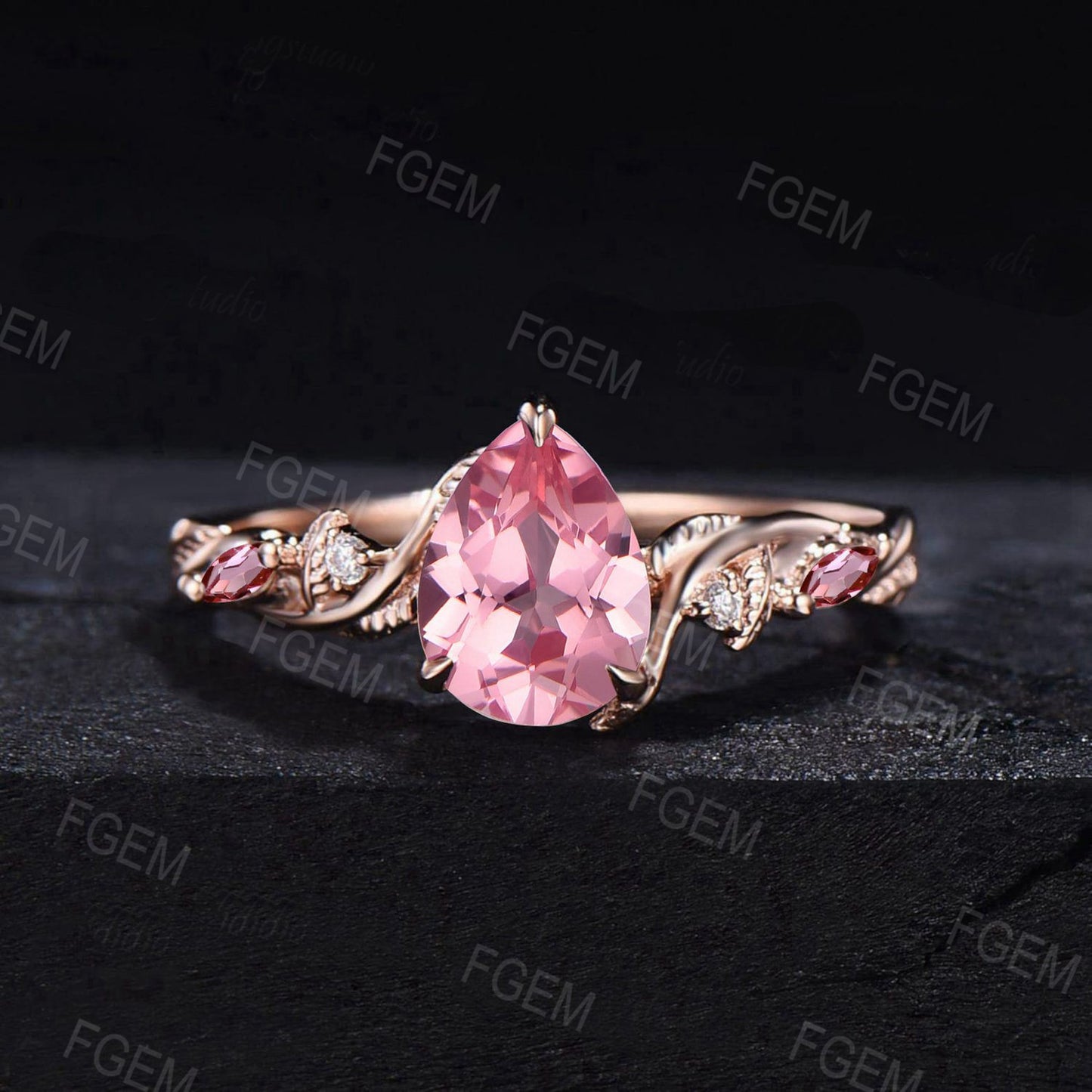 Art Deco Pear Peach Sapphire Engagement Ring Rose Gold Nature Inspired Padparadscha Sapphire Ring Set Branch Leaf Pink Tourmaline Bridal Set