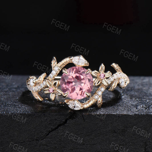 Double Snake Pink Sapphire Engagement Ring Gold Round Padparadscha Sapphire Floral Wedding Ring Serpent Moissanite Diamond Ring Gothic Ring