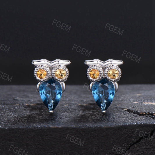 Unique Owl Stud Earrings Pear London Blue Topaz Earrings Antique Animal Inspired Citrine Earrings Minimalist Birthstone Jewelry Wedding Gift