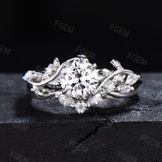 Nature Inspired Moissanite Engagement Ring Set 1ctw 6.5mm Round Cut Moissanite Diamond Cluster Wedding Ring Set Leaf Vine Branch Bridal Set