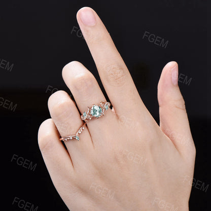 Floral Natural Moss Agate Ring 14k Rose Gold Round Cut Green Agate Wedding Ring Flower Engagement Ring Twig Leaf Branch 2pcs Bridal Ring Set