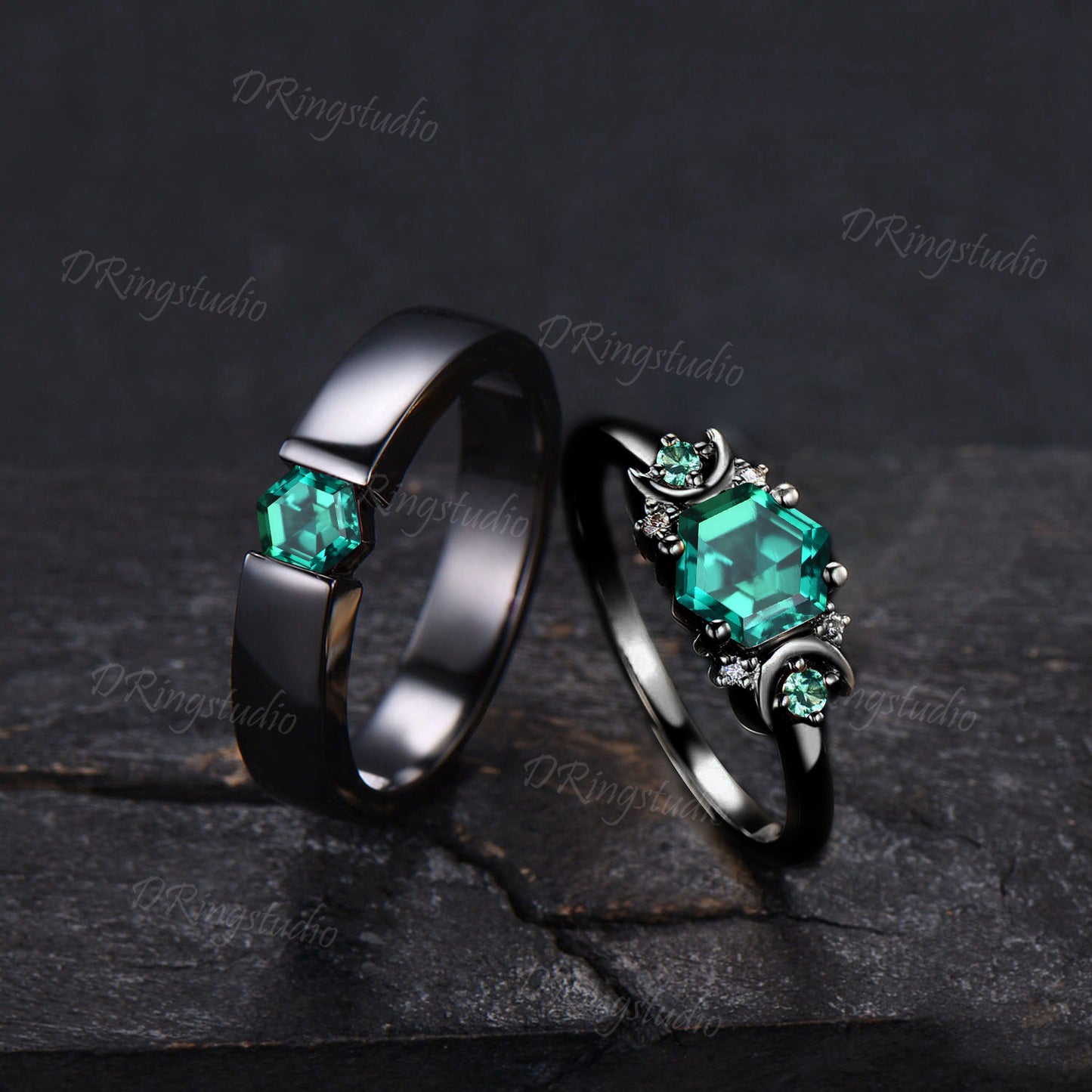 Vintage Green Emerald Couple Wedding Band Set 2pcs Black Gold Couple Ring Set for Men and Women Hexagon Emerald Engagement Band Promise Gift