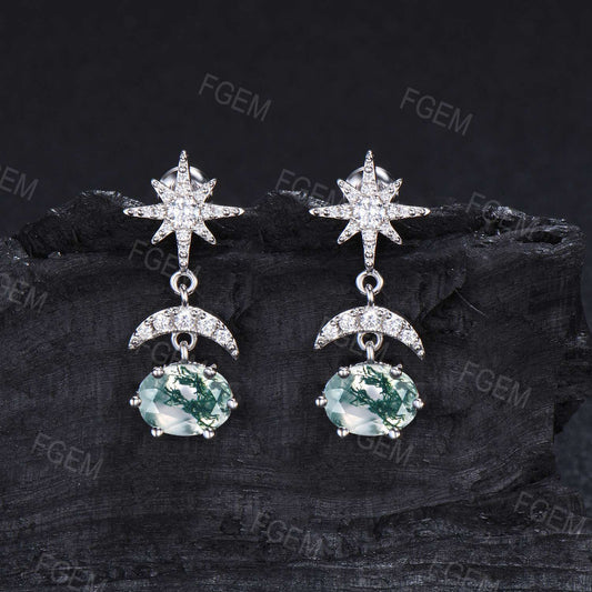 Natural Moss Agate Starburst Moon Earring Sterling Silver Oval Cut Aquate Agate Earrings Unique Anniversary Gift for Women