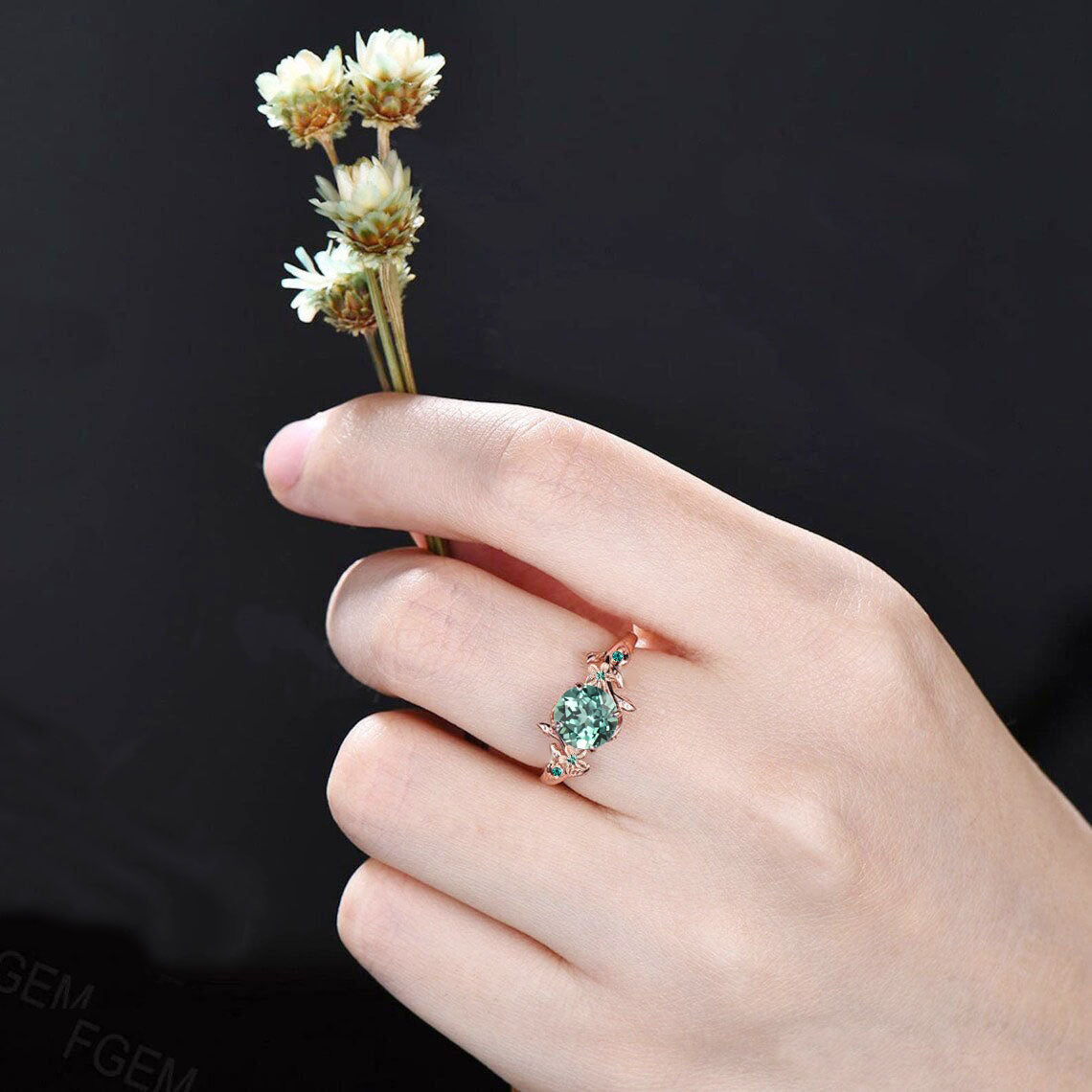 Nature Inspired Round Green Sapphire Floral Wedding Ring Green Emerald Ring Branch Promise Ring Unique Graduation/Anniversary Gifts