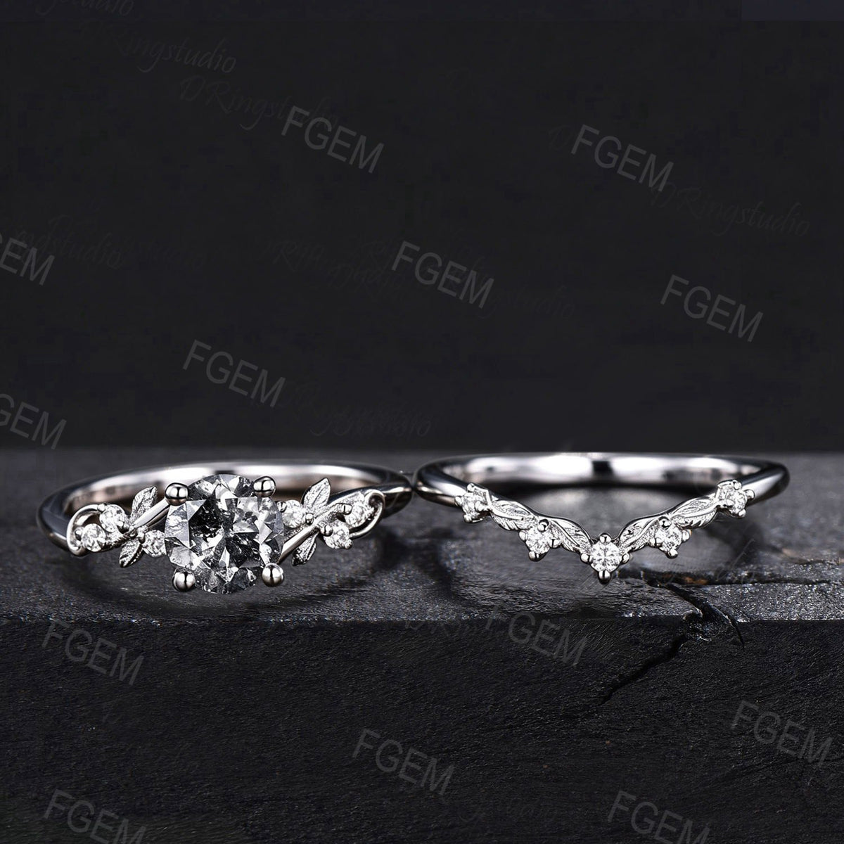 Natural Salt And Pepper Diamond Round Engagement Ring Set 14k White Gold Vine Twig Leaf Stacking Ring Unique Art Deco Bridal Promise Ring