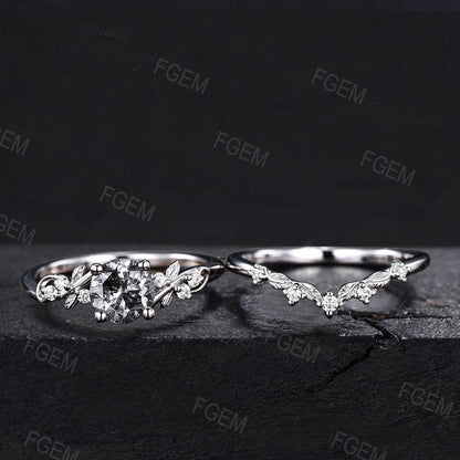 Natural Salt And Pepper Diamond Round Engagement Ring Set 14k White Gold Vine Twig Leaf Stacking Ring Unique Art Deco Bridal Promise Ring