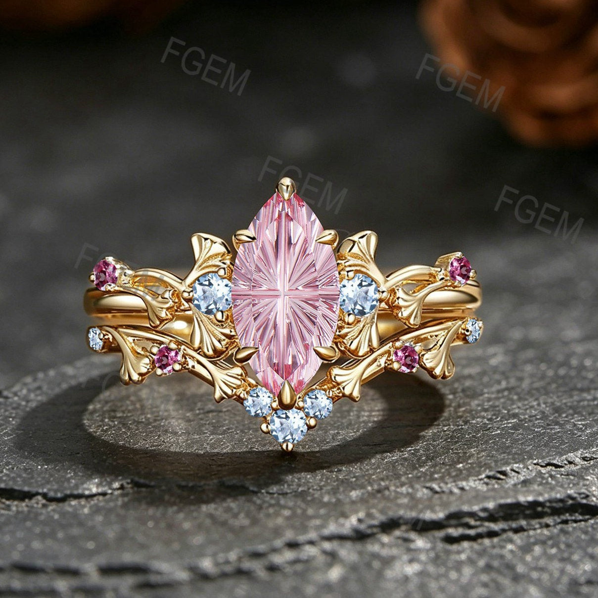 1CT Marquise Fantasy Cut Padparadscha Ring Set Ginkgo Leaf Promise Ring Aquamarine Pink tourmaline Accent Wedding Band