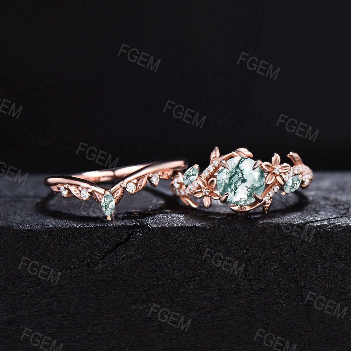 Floral Natural Moss Agate Ring 14k Rose Gold Round Cut Green Agate Wedding Ring Flower Engagement Ring Twig Leaf Branch 2pcs Bridal Ring Set