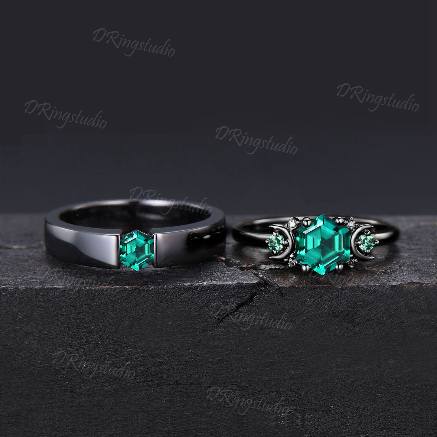 Vintage Green Emerald Couple Wedding Band Set 2pcs Black Gold Couple Ring Set for Men and Women Hexagon Emerald Engagement Band Promise Gift