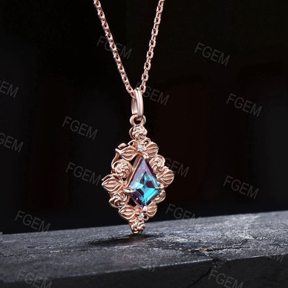 Vintage Color-Change Alexandrite Necklace Nature Inspired Flower Jewelry Kite Alexandrite Solitaire Pendant Leaf Halo Necklace Women Gifts