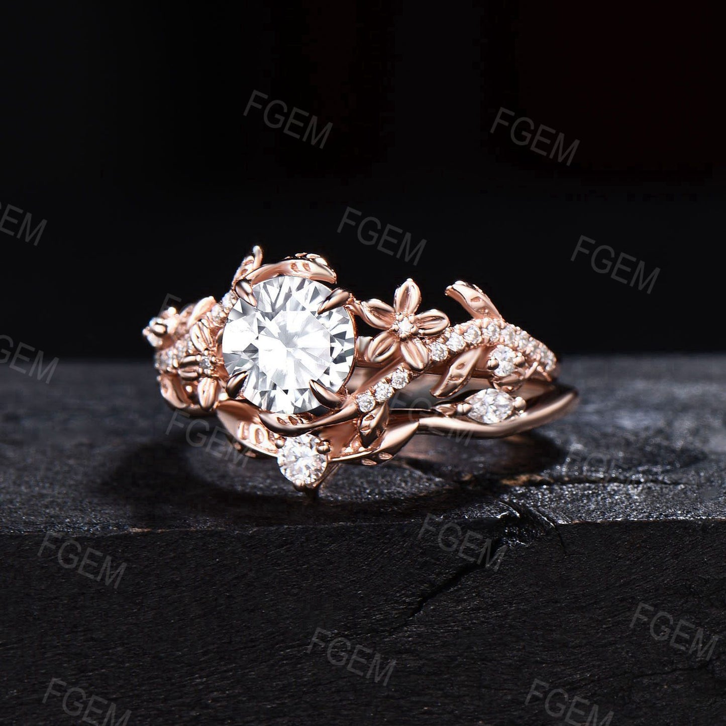 Unique Branch Leaf Moissanite Engagement Ring Set Rose Gold Bypass Ring Round Moissanite Diamond Bridal Set Floral Pave Ring Proposal Gift