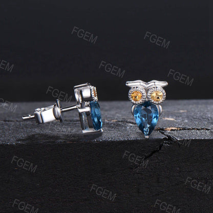 Unique Owl Stud Earrings Pear London Blue Topaz Earrings Antique Animal Inspired Citrine Earrings Minimalist Birthstone Jewelry Wedding Gift