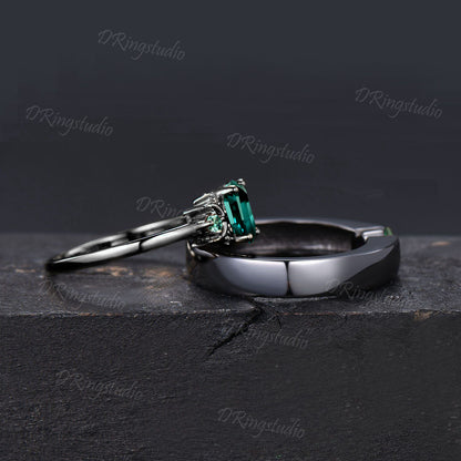 Vintage Green Emerald Couple Wedding Band Set 2pcs Black Gold Couple Ring Set for Men and Women Hexagon Emerald Engagement Band Promise Gift