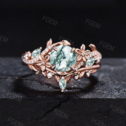 Floral Natural Moss Agate Ring 14k Rose Gold Round Cut Green Agate Wedding Ring Flower Engagement Ring Twig Leaf Branch 2pcs Bridal Ring Set