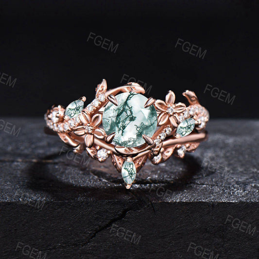 Floral Natural Moss Agate Ring 14k Rose Gold Round Cut Green Agate Wedding Ring Flower Engagement Ring Twig Leaf Branch 2pcs Bridal Ring Set