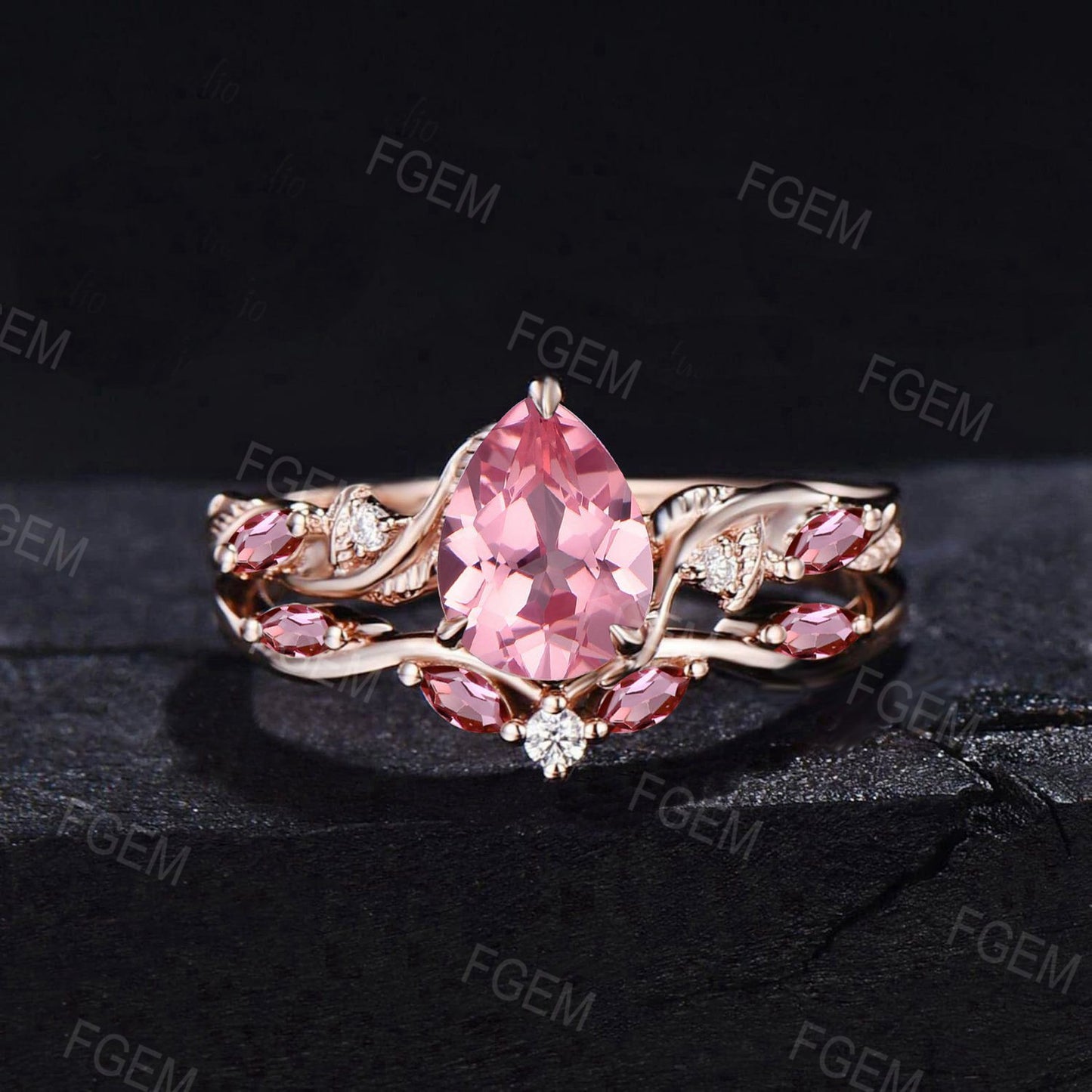 Art Deco Pear Peach Sapphire Engagement Ring Rose Gold Nature Inspired Padparadscha Sapphire Ring Set Branch Leaf Pink Tourmaline Bridal Set