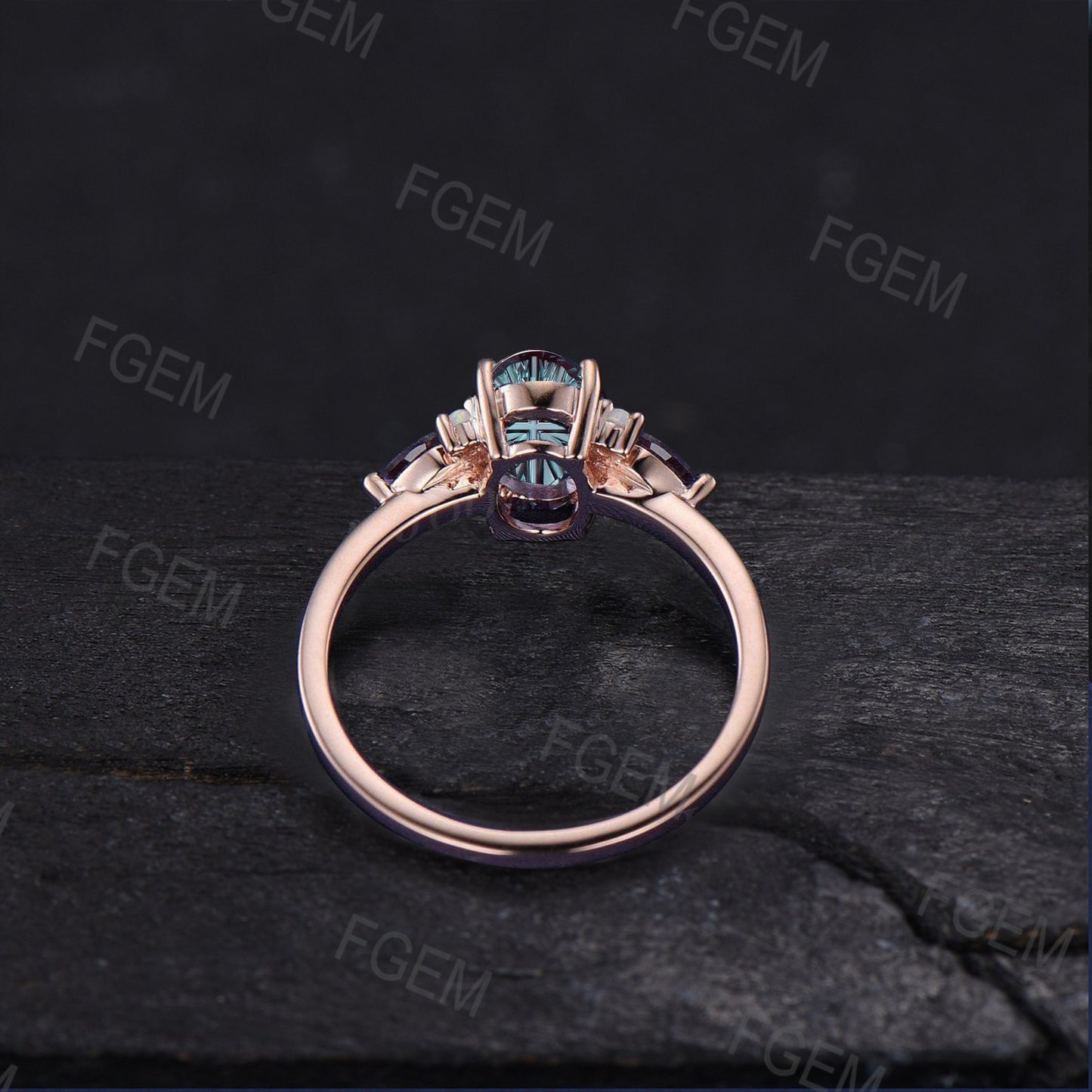 Antique Fireworks Cut Alexandrite Engagement Ring Moon Halo Rose Gold Marquise Color Change Ring Amethyst Moissanite Alternative Bridal Ring