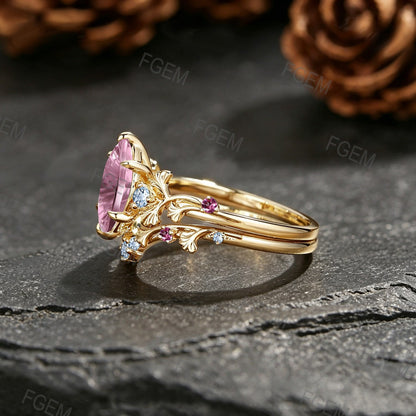 1CT Marquise Fantasy Cut Padparadscha Ring Set Ginkgo Leaf Promise Ring Aquamarine Pink tourmaline Accent Wedding Band