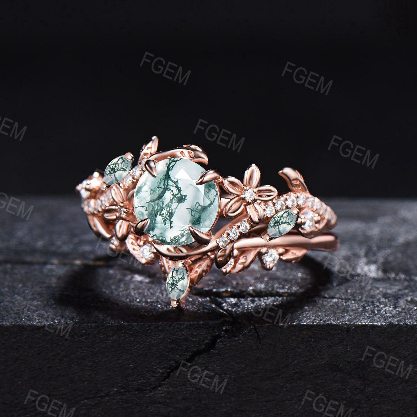 Floral Natural Moss Agate Ring 14k Rose Gold Round Cut Green Agate Wedding Ring Flower Engagement Ring Twig Leaf Branch 2pcs Bridal Ring Set