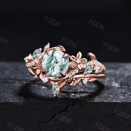 Floral Natural Moss Agate Ring 14k Rose Gold Round Cut Green Agate Wedding Ring Flower Engagement Ring Twig Leaf Branch 2pcs Bridal Ring Set