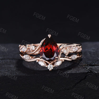 Pear Natural Garnet Engagement Ring Set Nature Inspired Jewelry 14K Rose Gold Twig Vine Red Garnet Bridal Set January Birthstone Gift