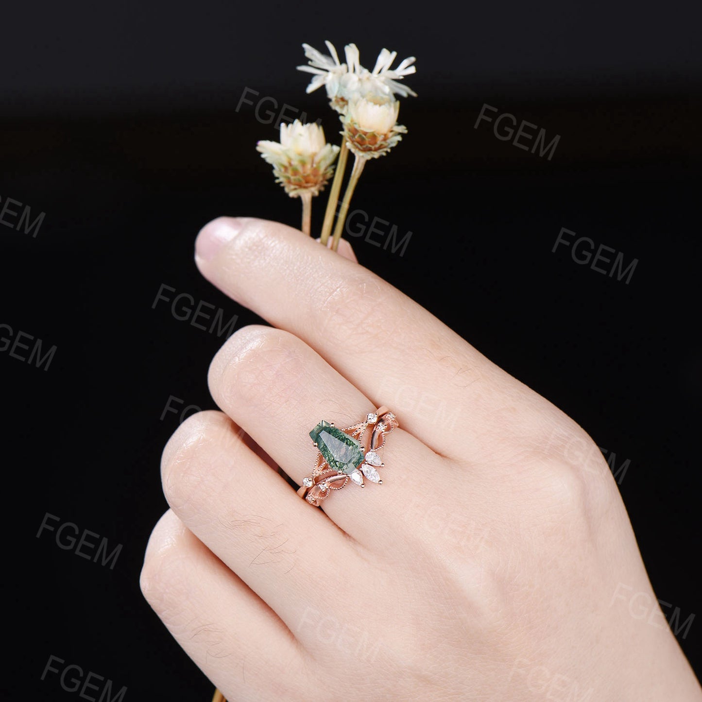 Unique Coffin Natural Moss Agate Ring Set Vintage Coffin Shape Engagement Ring Long Hexagon Moss Agate Moissanite Bridal Set