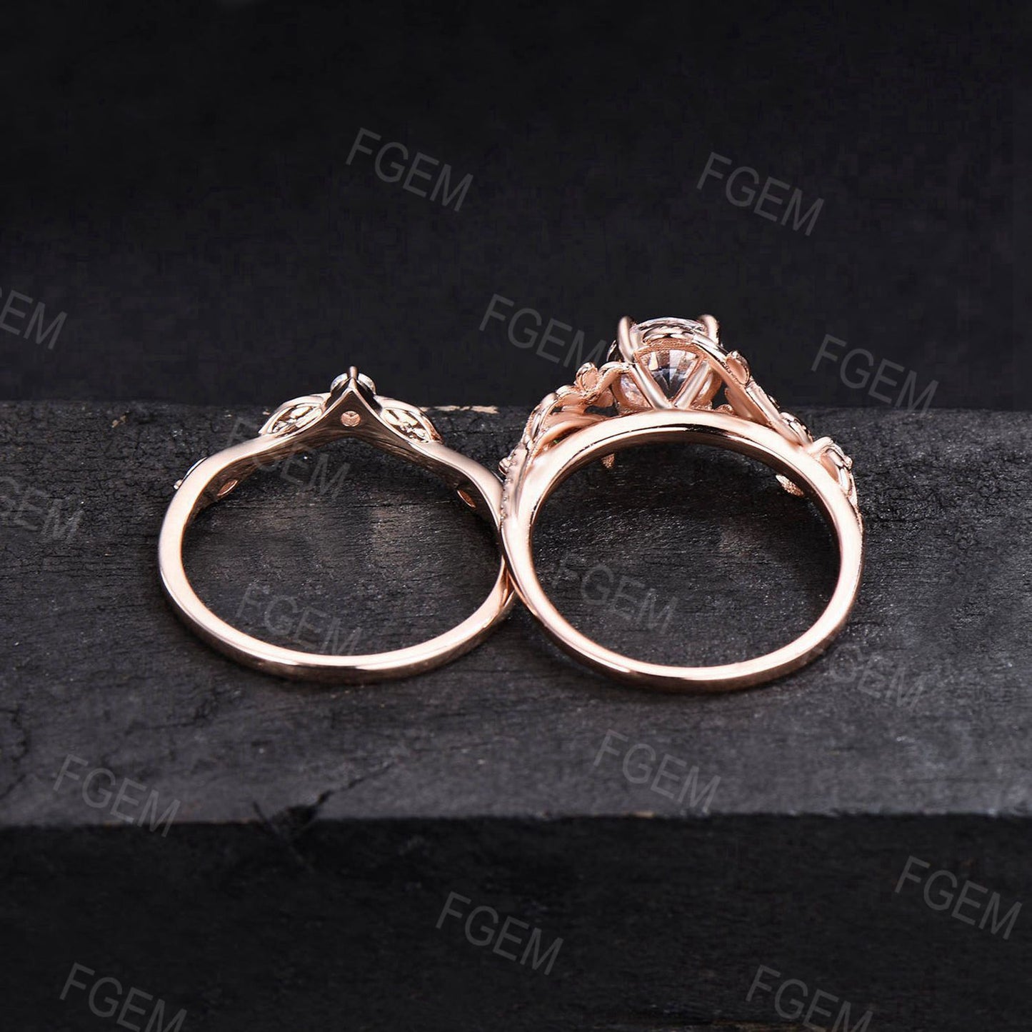 Unique Branch Leaf Moissanite Engagement Ring Set Rose Gold Bypass Ring Round Moissanite Diamond Bridal Set Floral Pave Ring Proposal Gift