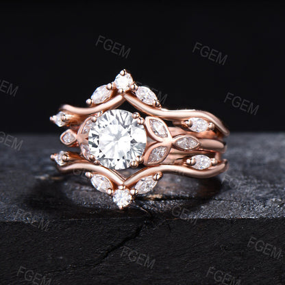 Enhancer Guard Ring Set Round Moissanite Engagement Ring Unique Marquise Bridal Set Double Curved Moissanite Diamond Wedding Ring Women Gift